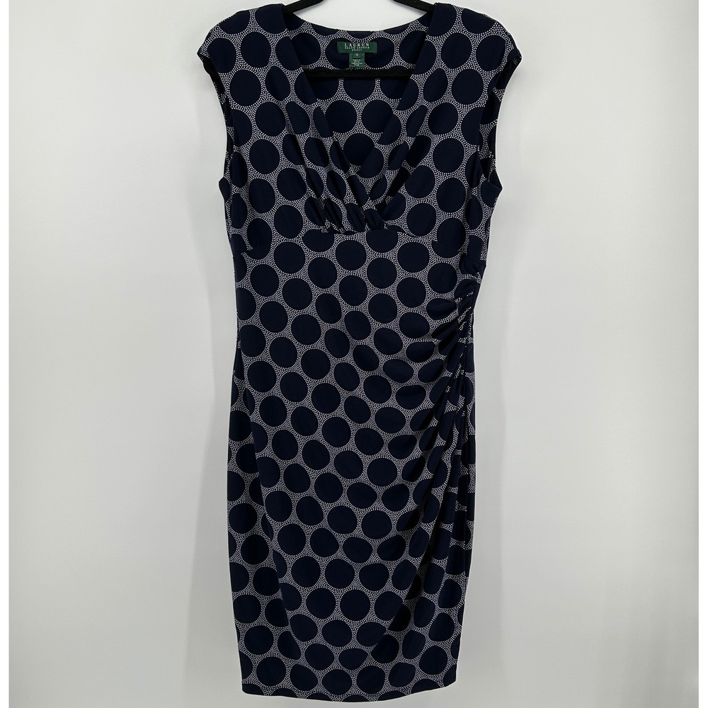 Lauren Ralph Lauren Navy Blue White Polka Dot Ruched Faux Wrap Sheath Dress 12